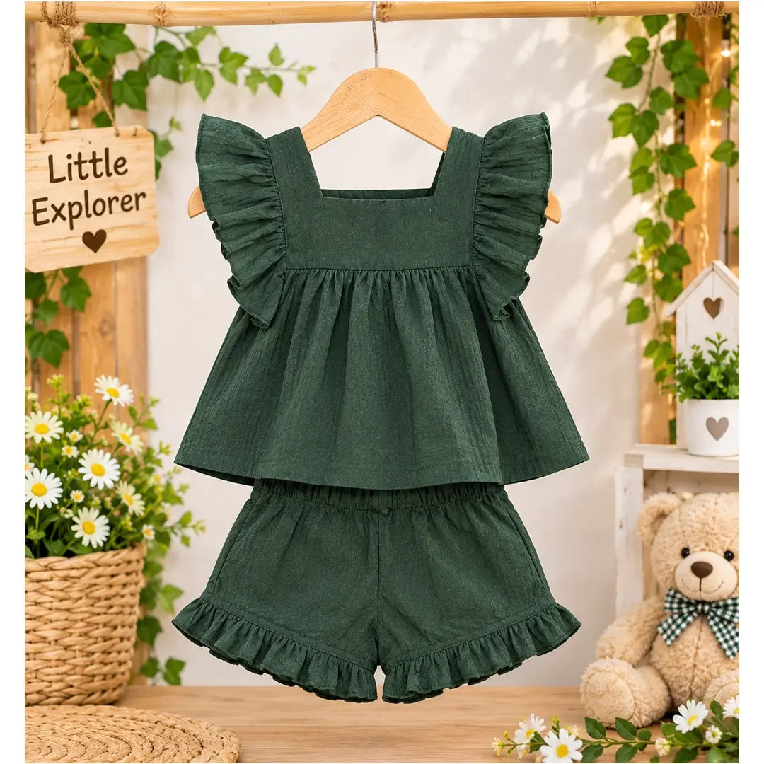 Girls Olive Green Ruffle Top & Frill Shorts Set