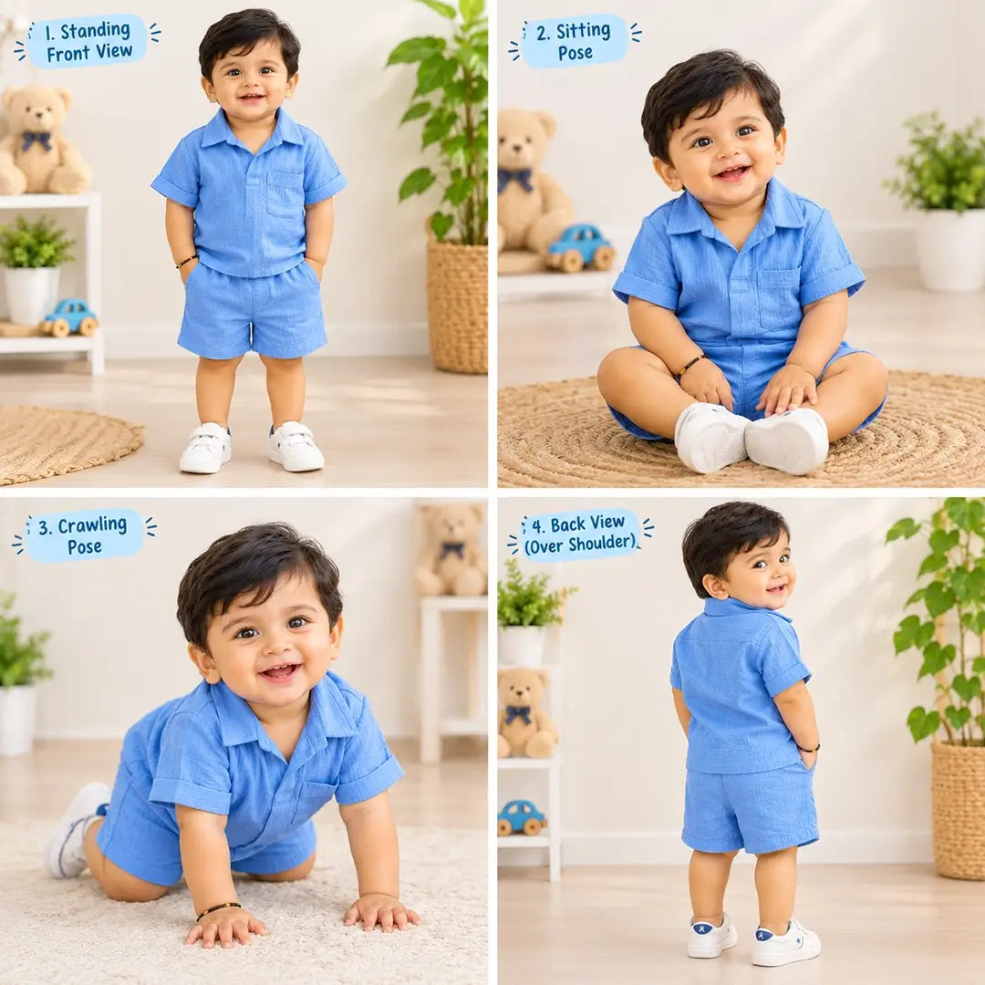Baby Boy Sky Blue Muslin Shirt & Shorts Set