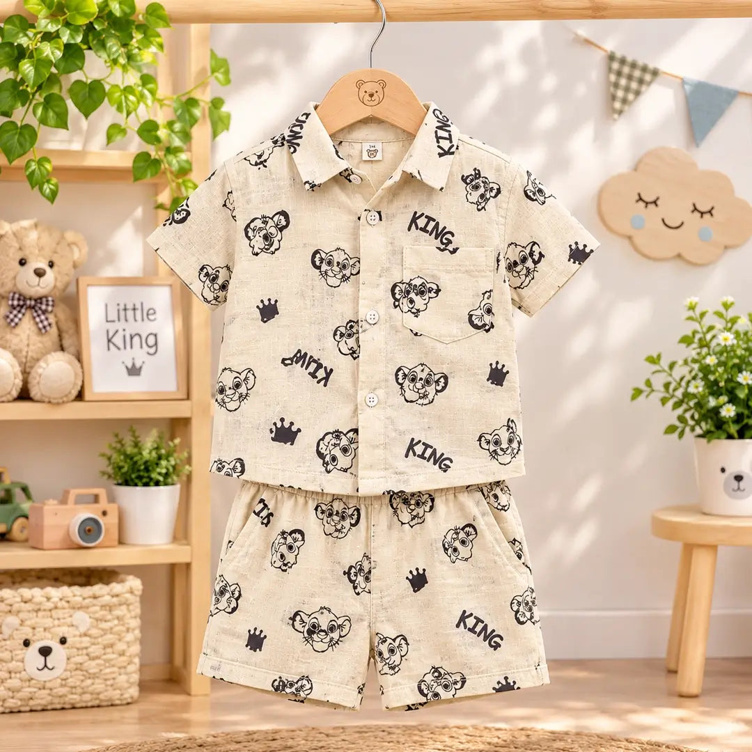 Baby Boy Cream King Lion Print Shirt & Shorts Set