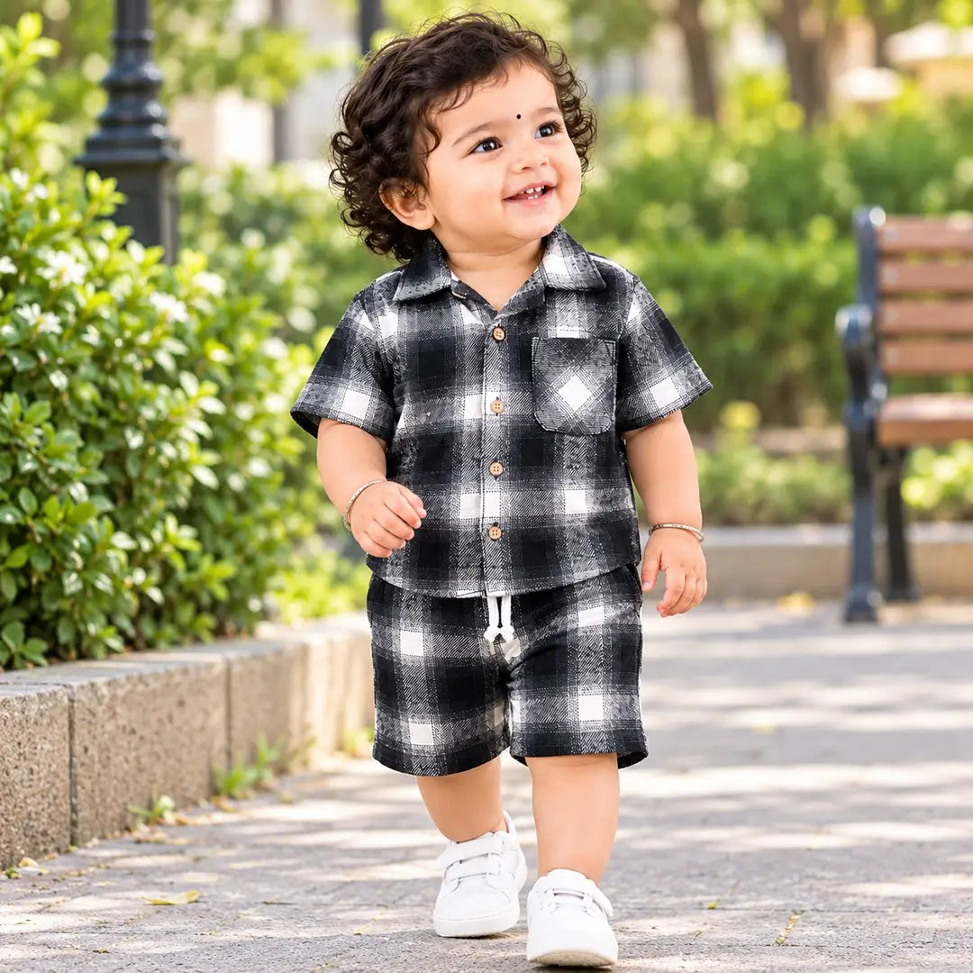 Baby Boy Black & White Check Shirt & Shorts Set