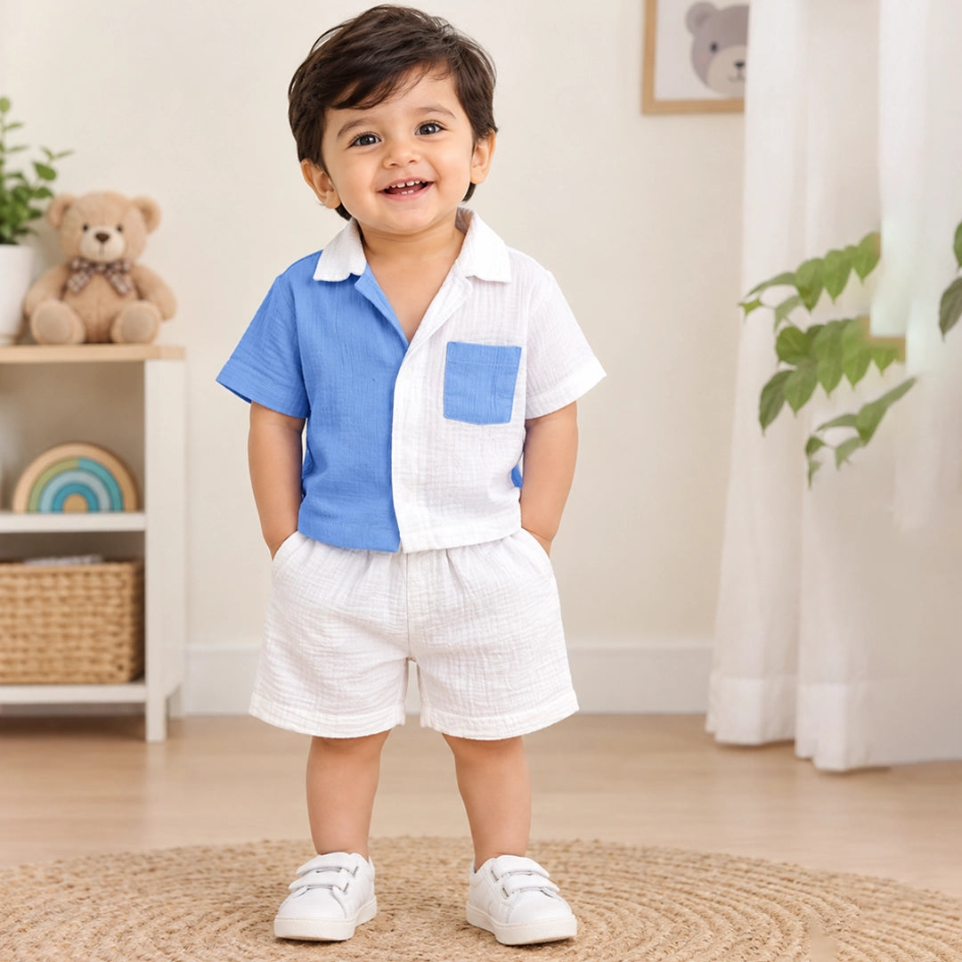 Baby Boy Blue & White Muslin Shirt Shorts Set