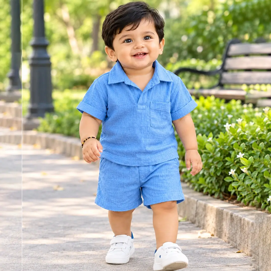 Baby Boy Sky Blue Muslin Shirt & Shorts Set