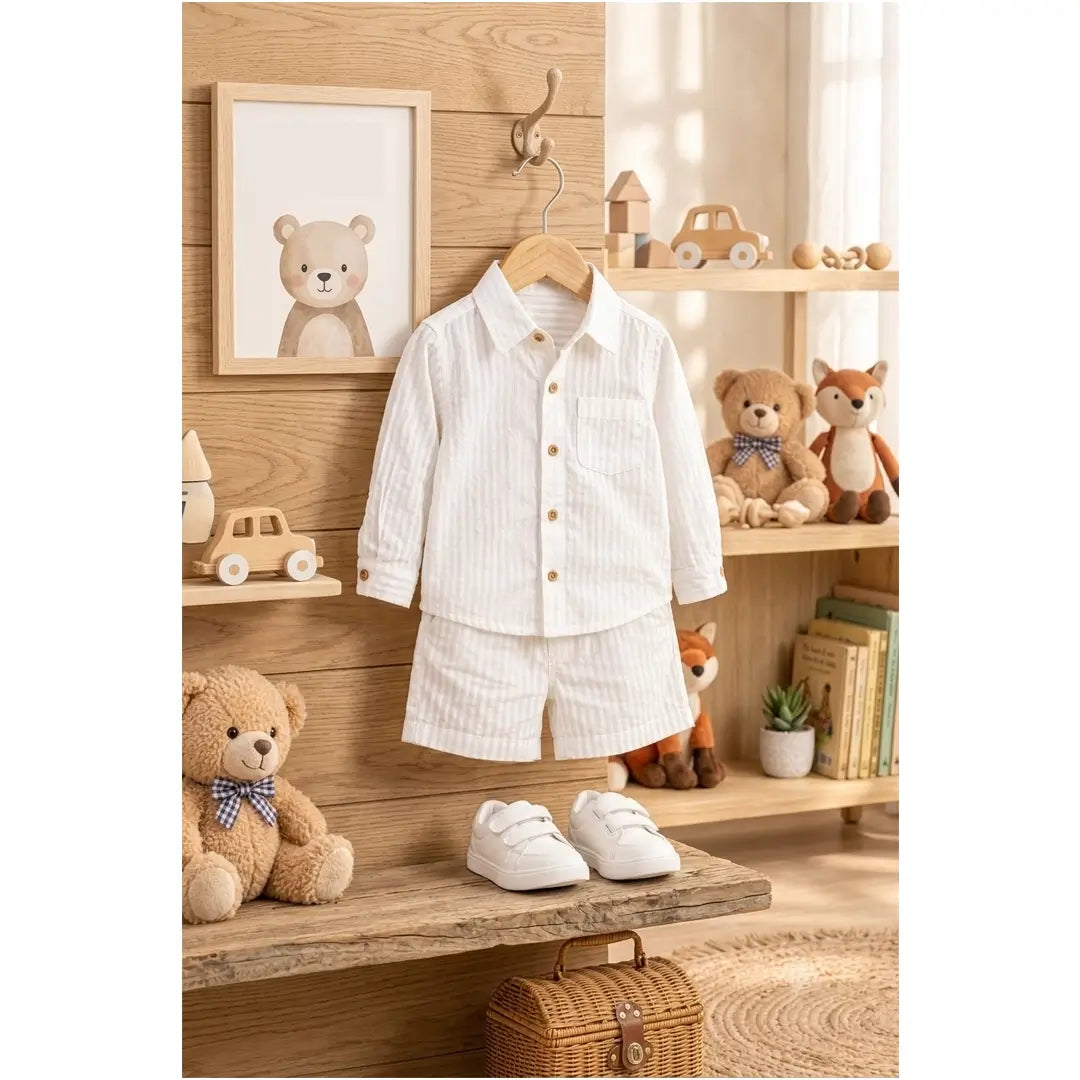 Boys White Striped Shirt & Shorts Set