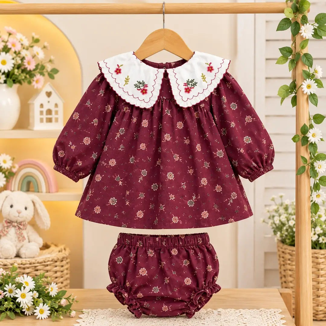 Baby Girl Wine Floral Dress with Embroidered Collar & Bloomers