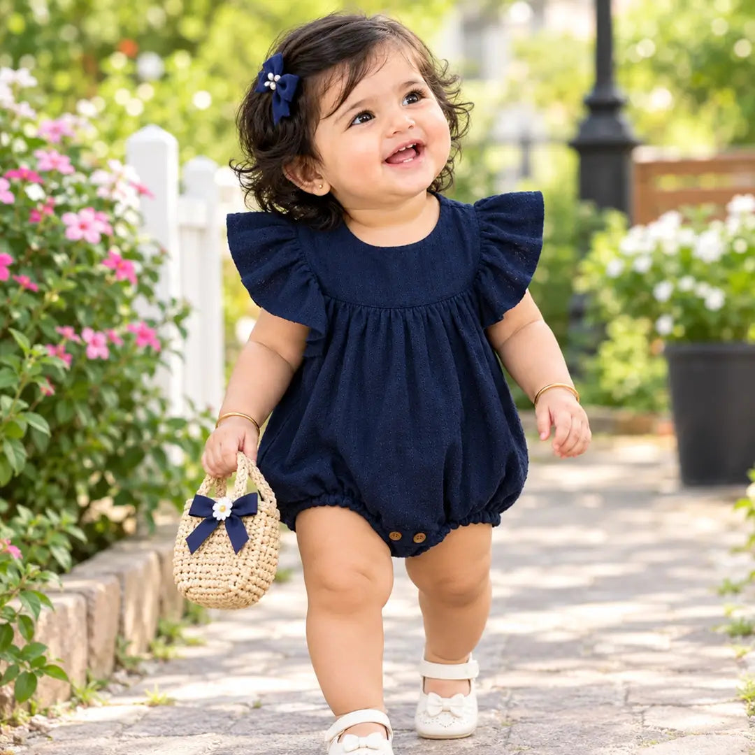 Baby Girl Navy Blue Flutter Sleeve Romper, Bubble Suit