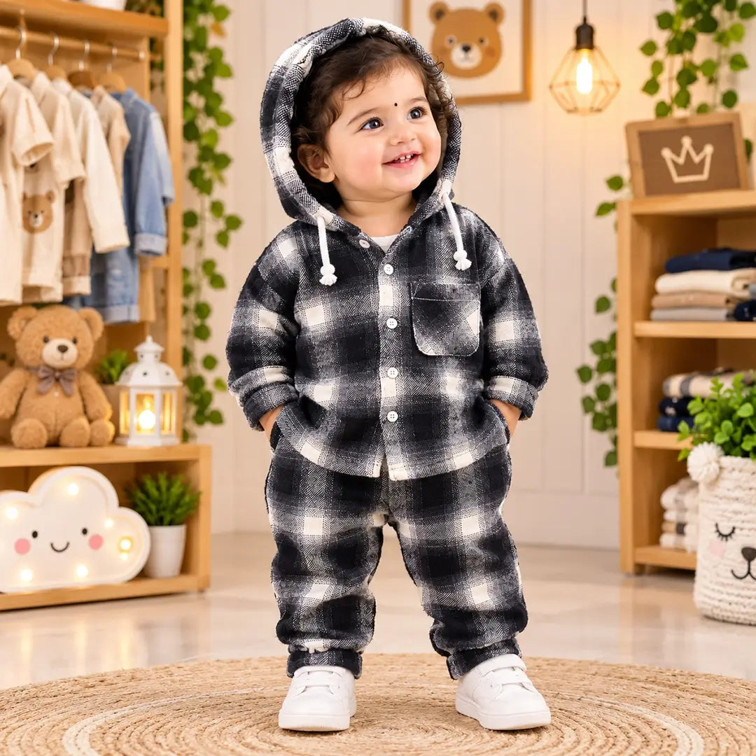 Baby Black & White Check Hooded Jacket & Pants Set