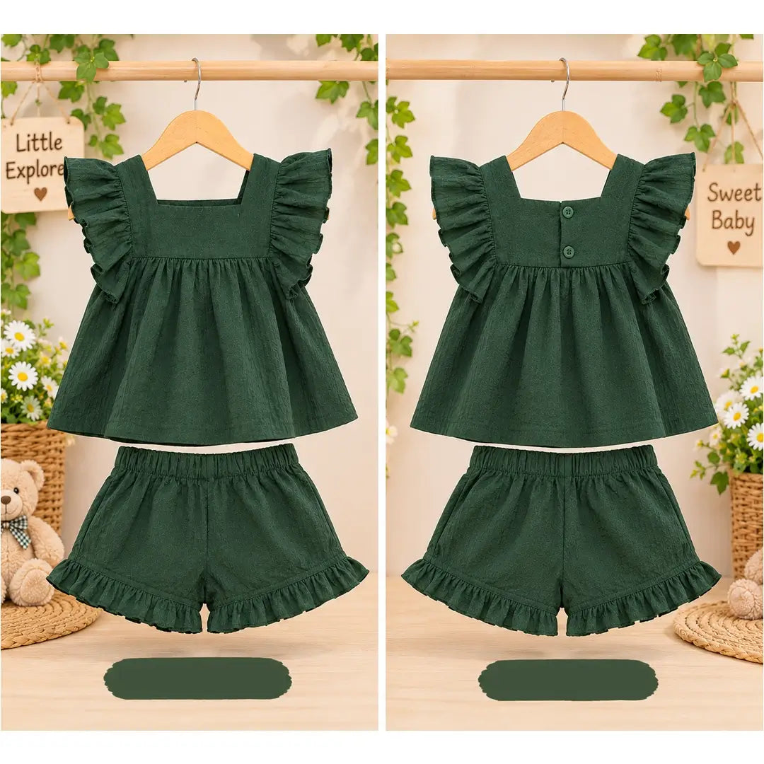 Girls Olive Green Ruffle Top & Frill Shorts Set