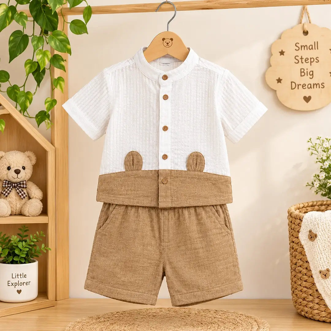 Baby Boy Bear Ears Mandarin Collar Shirt & Shorts Set