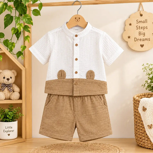 Baby Boy Bear Ears Mandarin Collar Shirt & Shorts Set