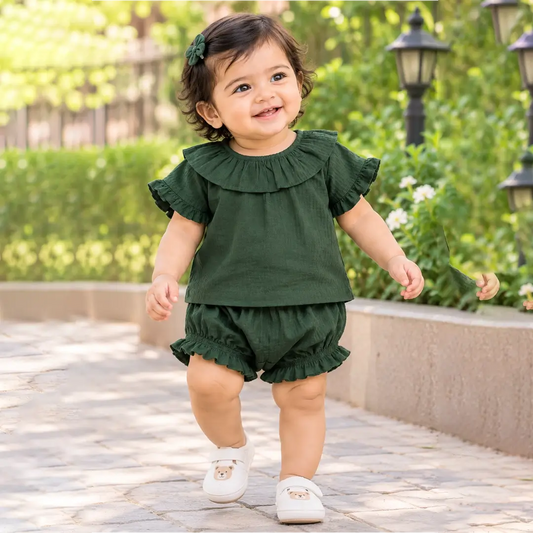 Baby Girl Olive Green Ruffle Top & Bloomer Set