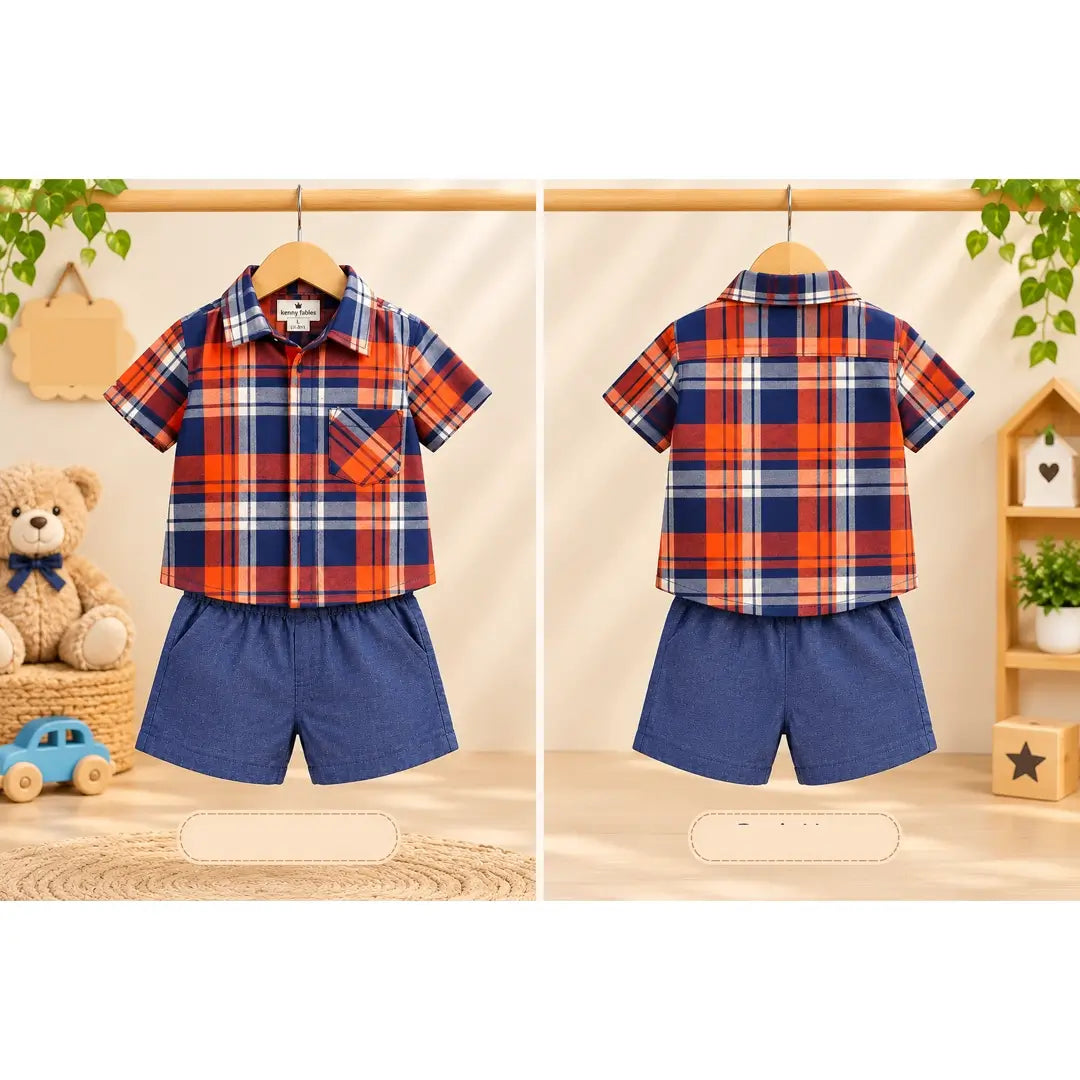 Boys Orange Check Shirt & Denim Shorts Set