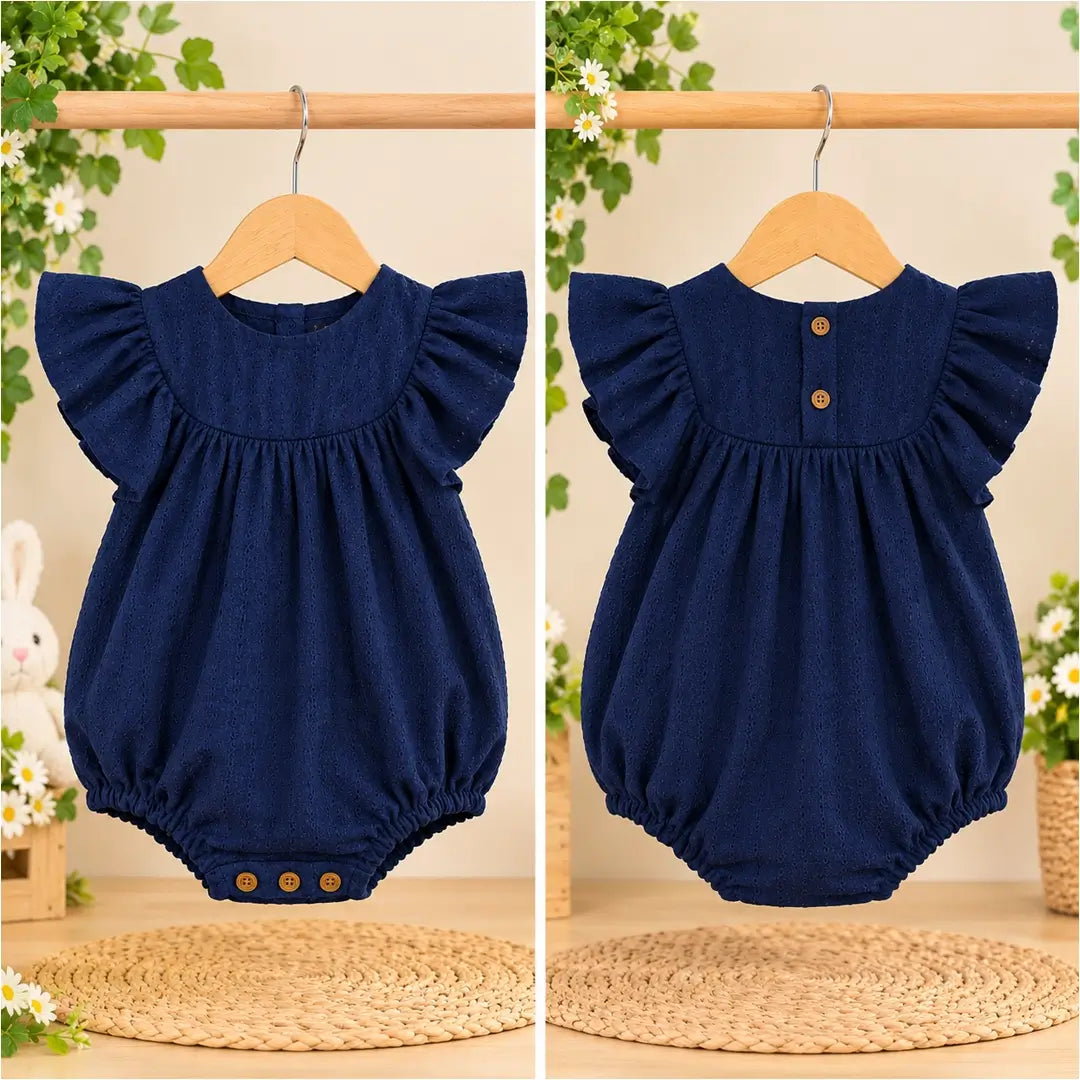 Baby Girl Navy Blue Flutter Sleeve Romper, Bubble Suit