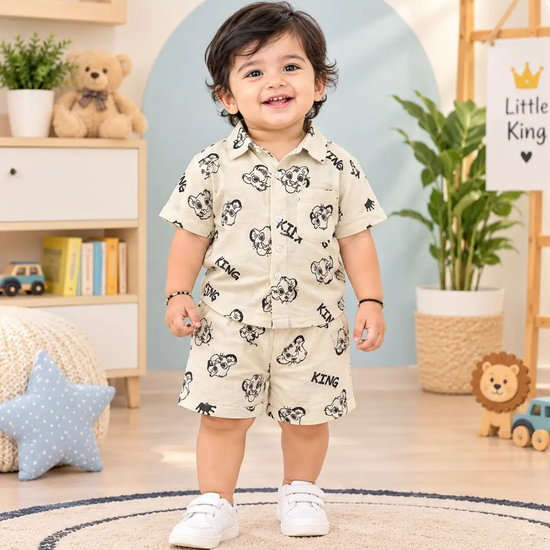 Baby Boy Cream King Lion Print Shirt & Shorts Set