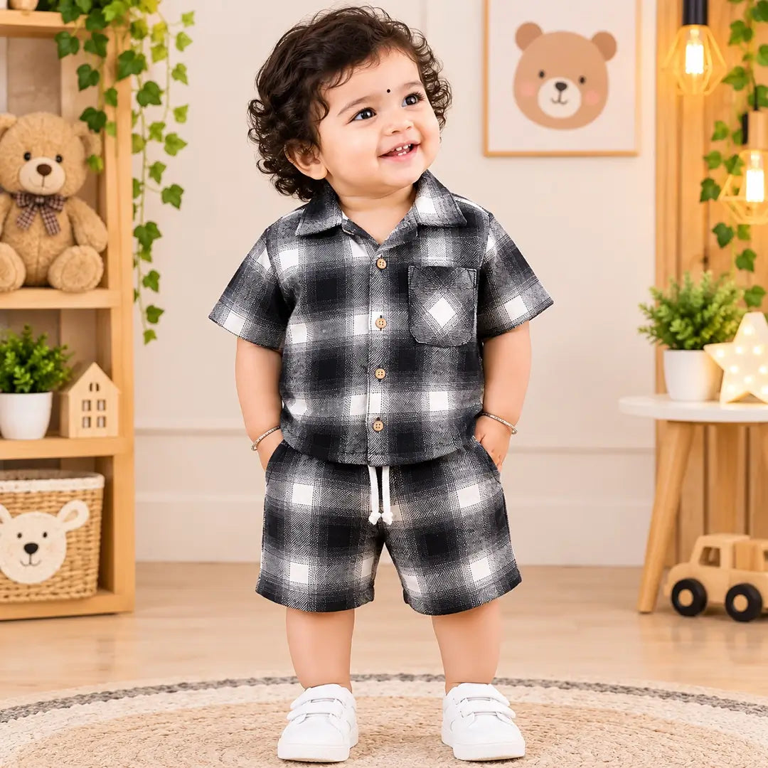 Baby Boy Black & White Check Shirt & Shorts Set