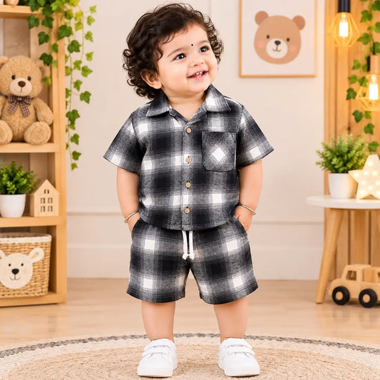 Baby Boy Black & White Check Shirt & Shorts Set