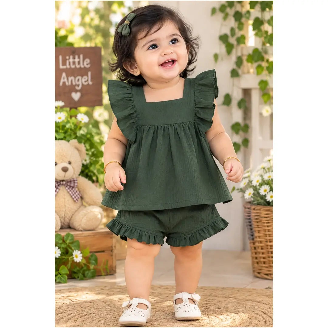 Girls Olive Green Ruffle Top & Frill Shorts Set