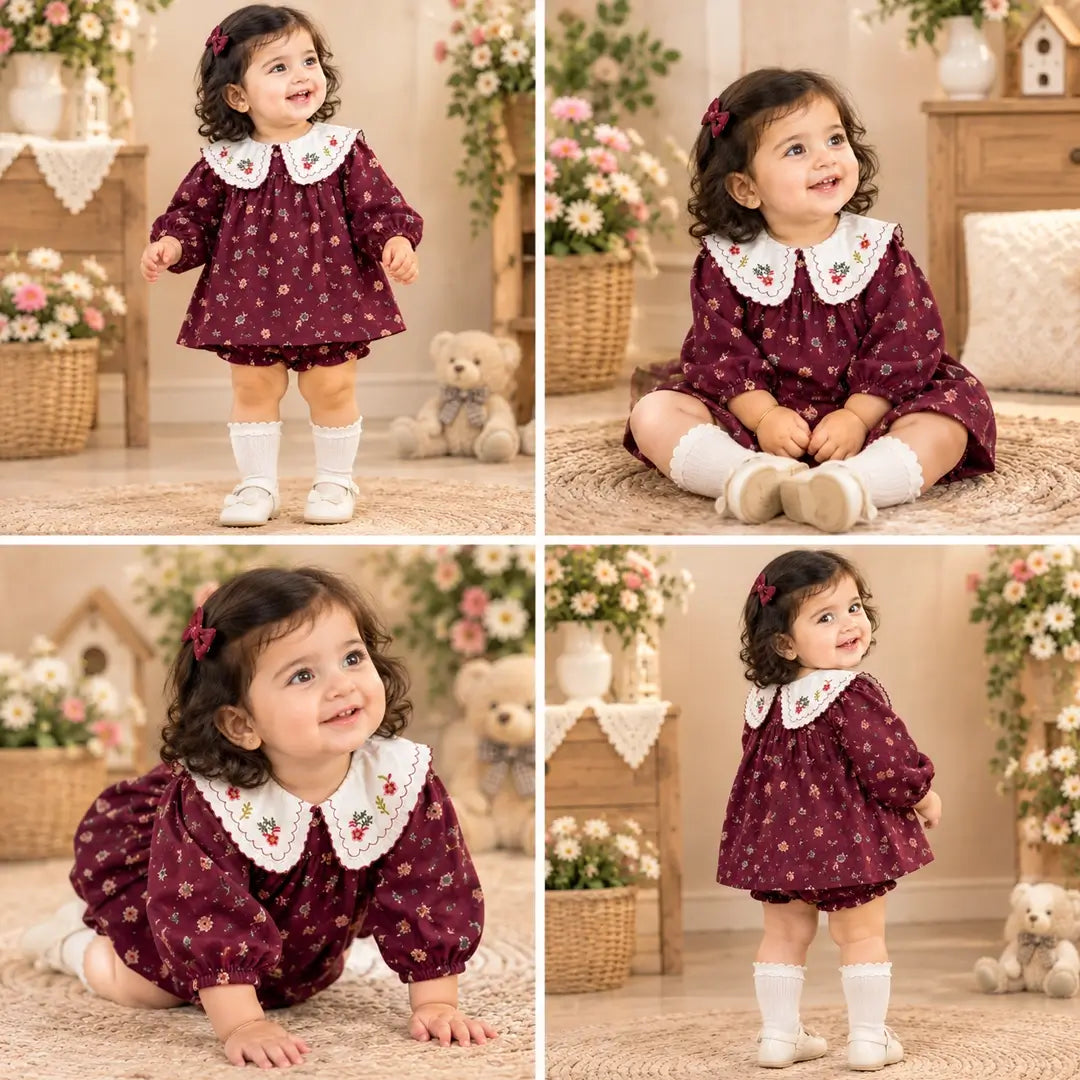 Baby Girl Wine Floral Dress with Embroidered Collar & Bloomers
