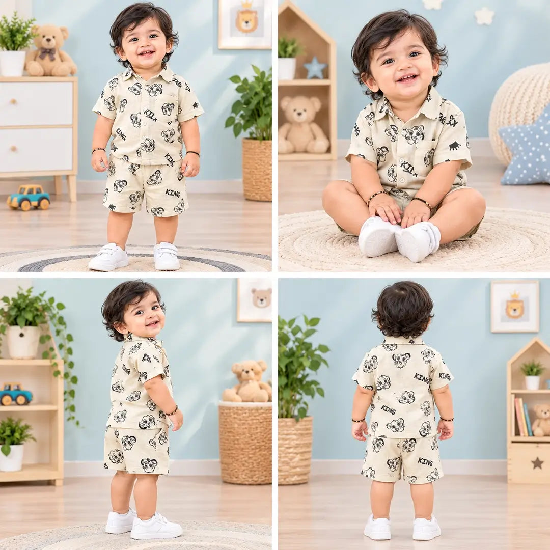 Baby Boy Cream King Lion Print Shirt & Shorts Set