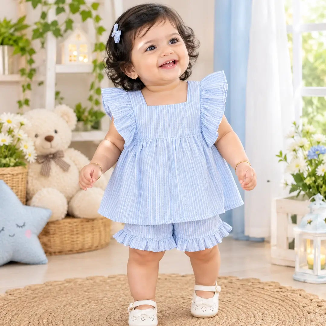 Girls Blue Striped Ruffle Top & Frill Shorts Set