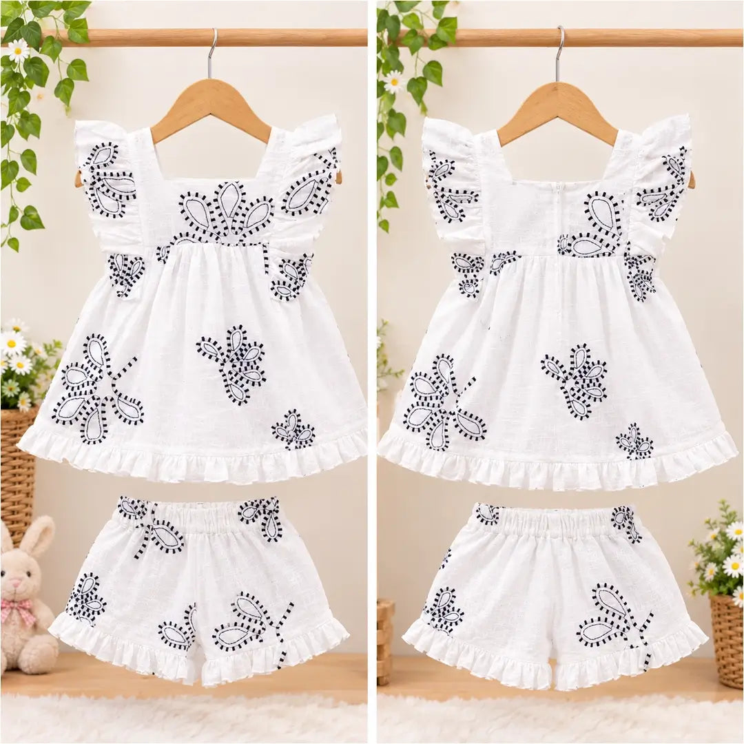 Girls White Embroidered Ruffle Top & Frill Shorts Set
