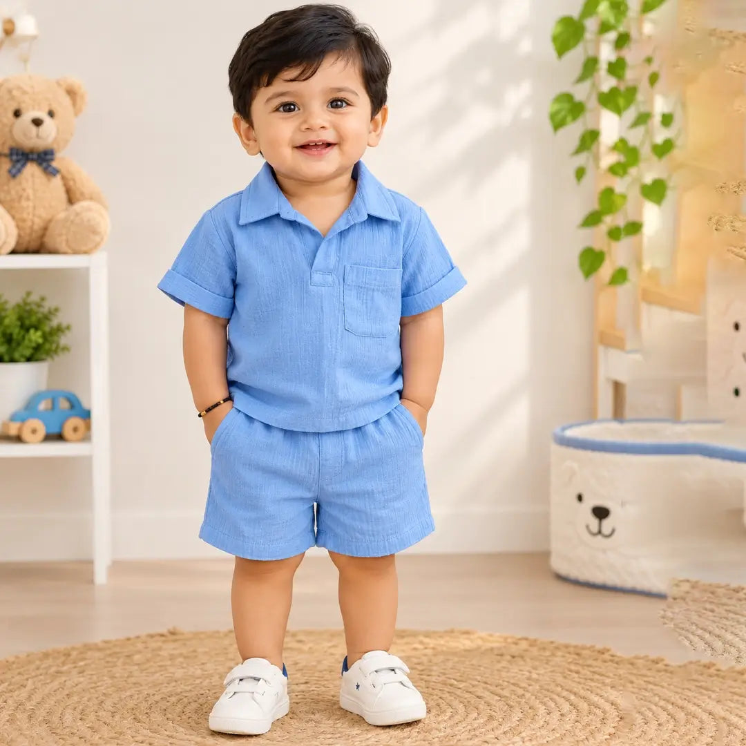 Baby Boy Sky Blue Muslin Shirt & Shorts Set