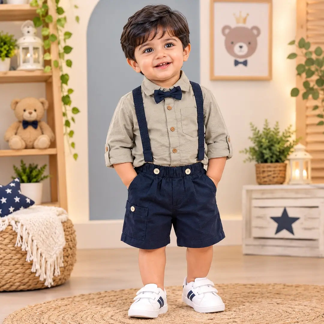 Baby Boy Shirt, Shorts, Bow Tie & Suspenders Set