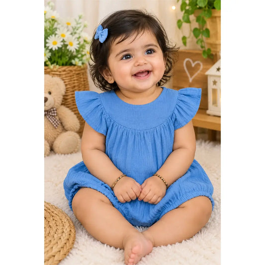 Baby Girl Sky Blue Muslin Romper with Flutter Sleeves