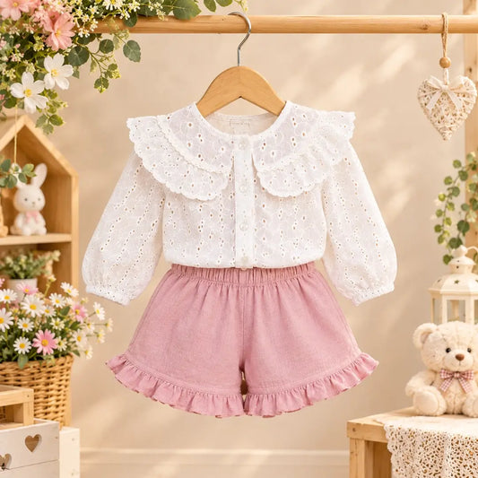 Baby Girl White Eyelet Top & Pink Frill Shorts Set