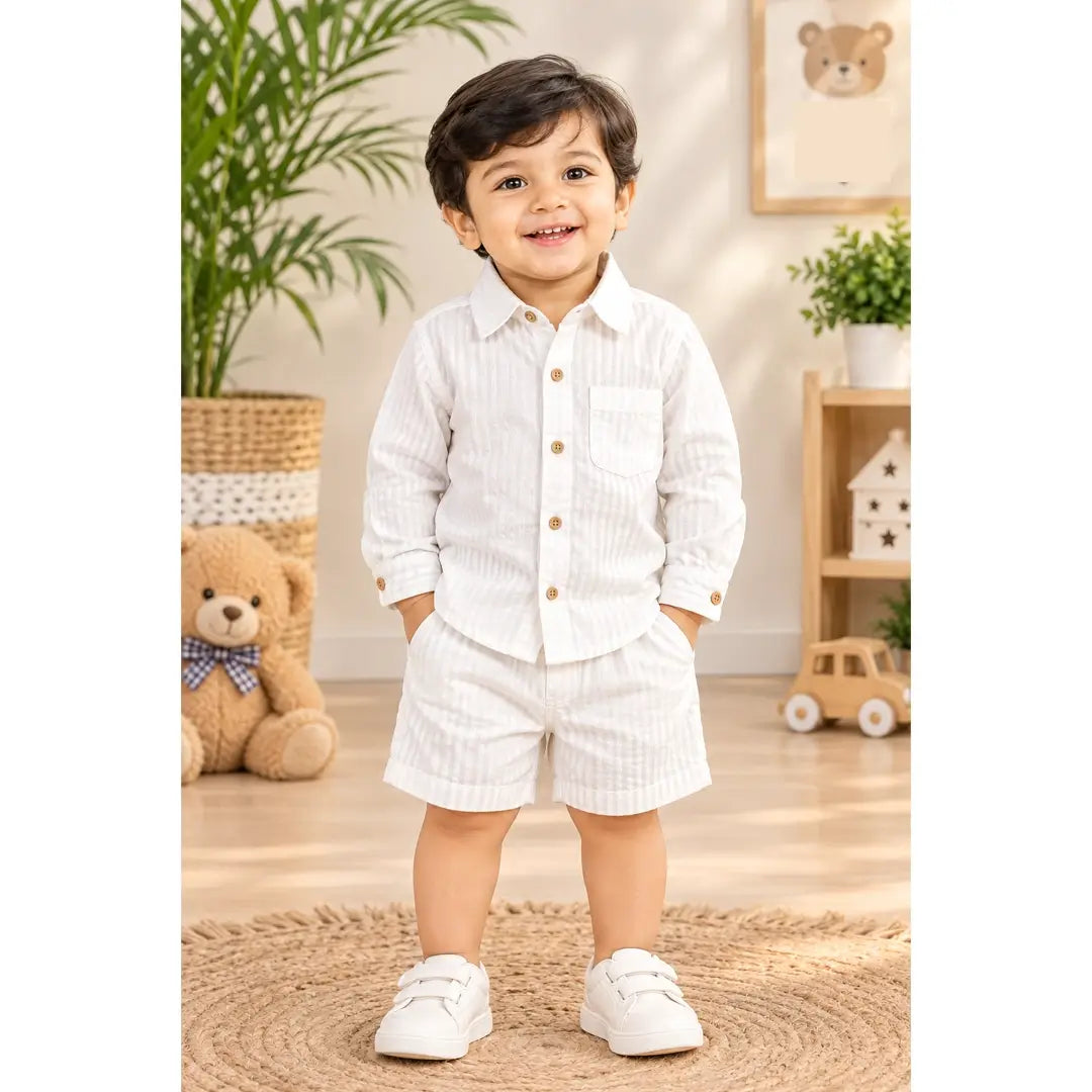 Boys White Striped Shirt & Shorts Set