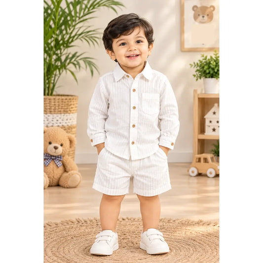Boys White Striped Shirt & Shorts Set