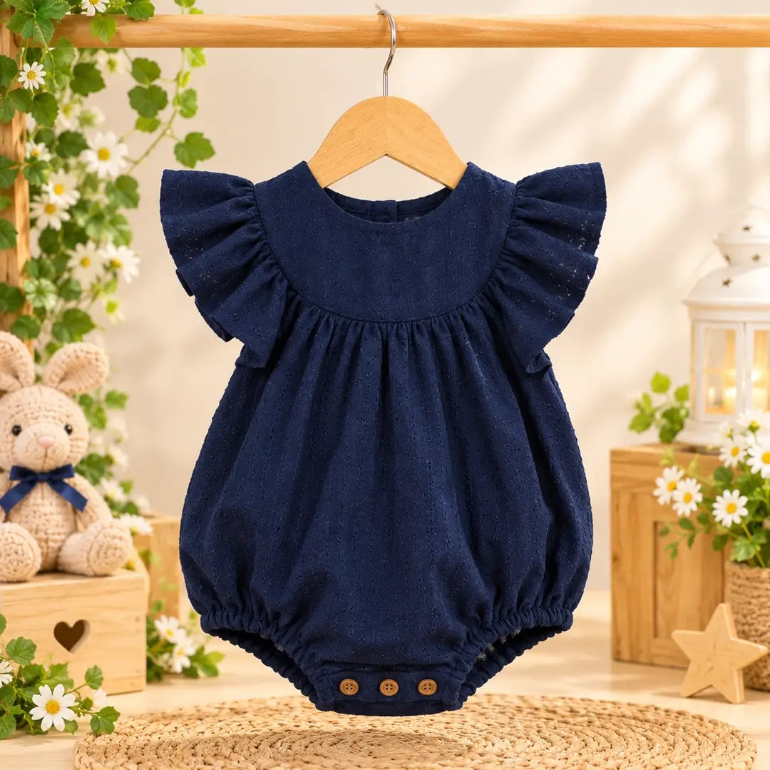 Baby Girl Navy Blue Flutter Sleeve Romper, Bubble Suit